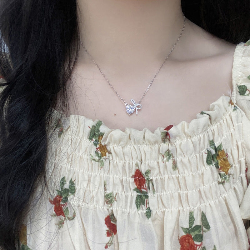 The Ribbon Heart, Sparkling Heart and Bow Silver Necklace