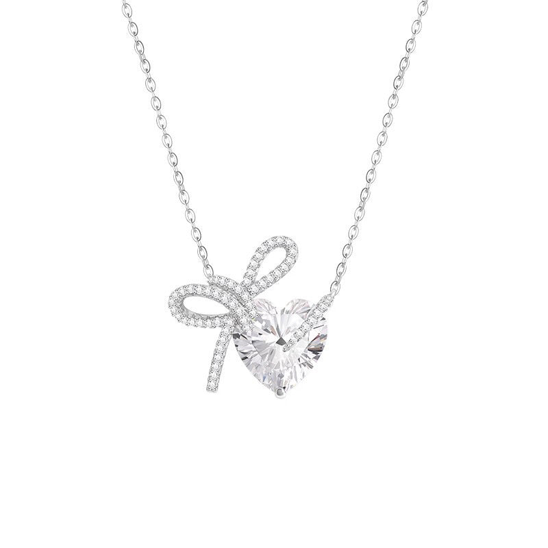 The Ribbon Heart, Sparkling Heart and Bow Silver Necklace