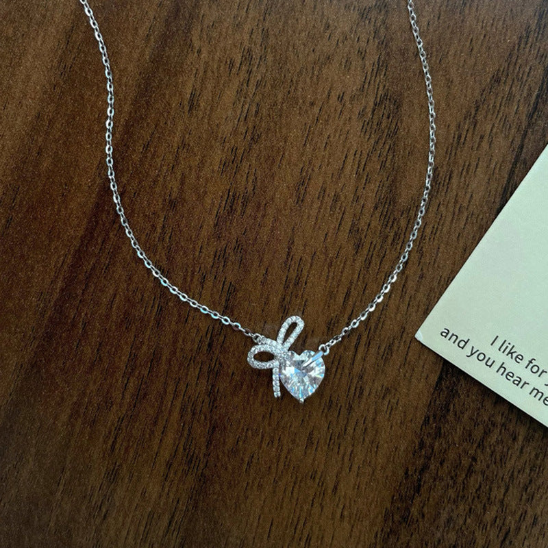 The Ribbon Heart, Sparkling Heart and Bow Silver Necklace