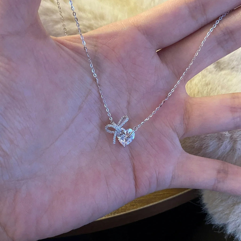 The Ribbon Heart, Sparkling Heart and Bow Silver Necklace